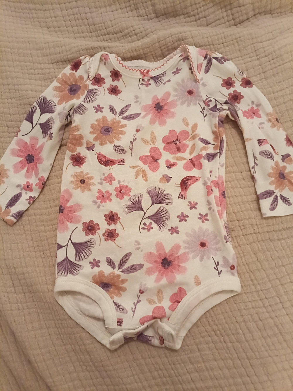 Floral Long-Sleeve Baby One-Piece in White with Pink & Purple Flowers